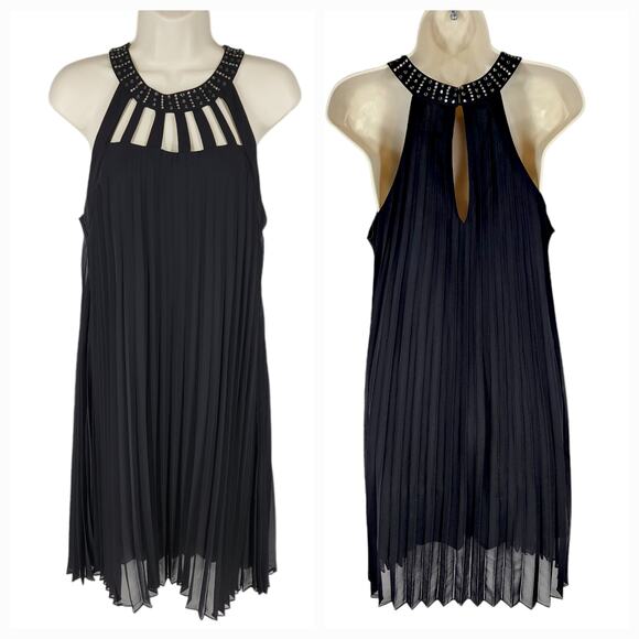 Liz Minelli Accordian Pleated Mini Dress sz M Women‎ Black Embellished Halter - Picture 1 of 11